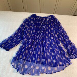 Paradigma Sheer Blue Blouse Small Silk Look Ikat Print Tunic Top w/ Cami
